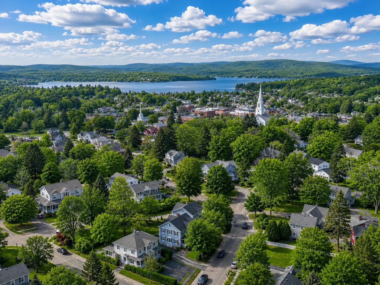 Aerial view of a residential area surrounded by lush green forests, with a lake and snow-capped mountains in the background.
